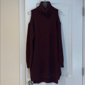 Burgundy sweater dress with shoulder cutout
